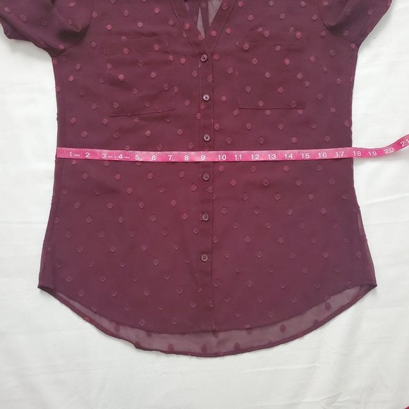 Express Women's Wine Red Slim Dotted Sheer Roll Tab Sleeve Portofino Shirt S/P - Picture 9 of 15